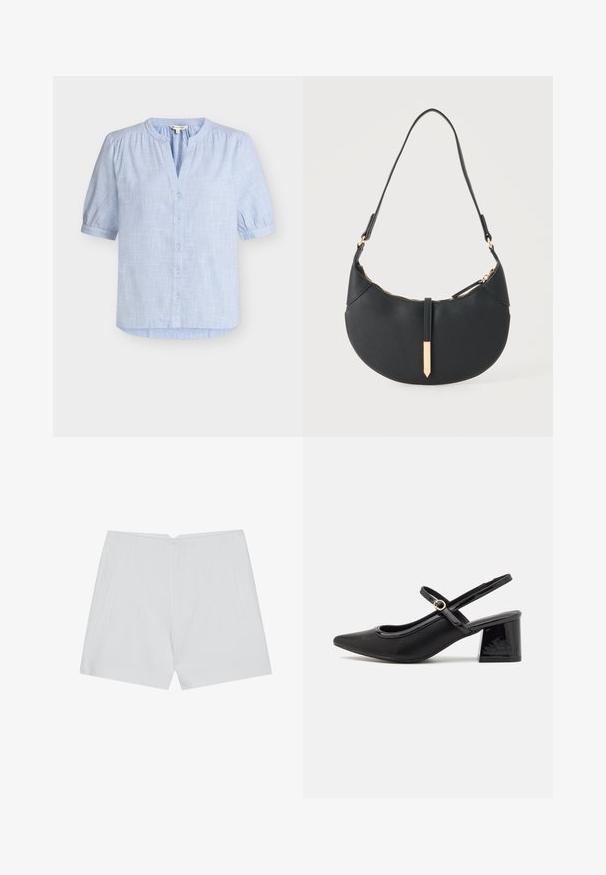 Lichtblauwe blouse met korte mouwen en een subtiel ruitpatroon, ronde hals met kleine V-uitstulping, knoopsluiting aan de voorkant en licht geplooide schouders en mouwen.; Witte shorts met een op maat gemaakte uitstraling, vlakke voorkant, twee zijzakken en een nette zoom. Gemaakt van een soepel materiaal zonder zichtbare patronen.; Zwarte gepolijste leren slingback hakken met een spitse neus, een ronde uitsnede en een blokhak. Voorzien van een gouden gespaccent.; Zwarte handtas in halve maanvorm met een enkele band, gouden rits en een gouden rechthoekige decoratieve tab aan de voorkant.
