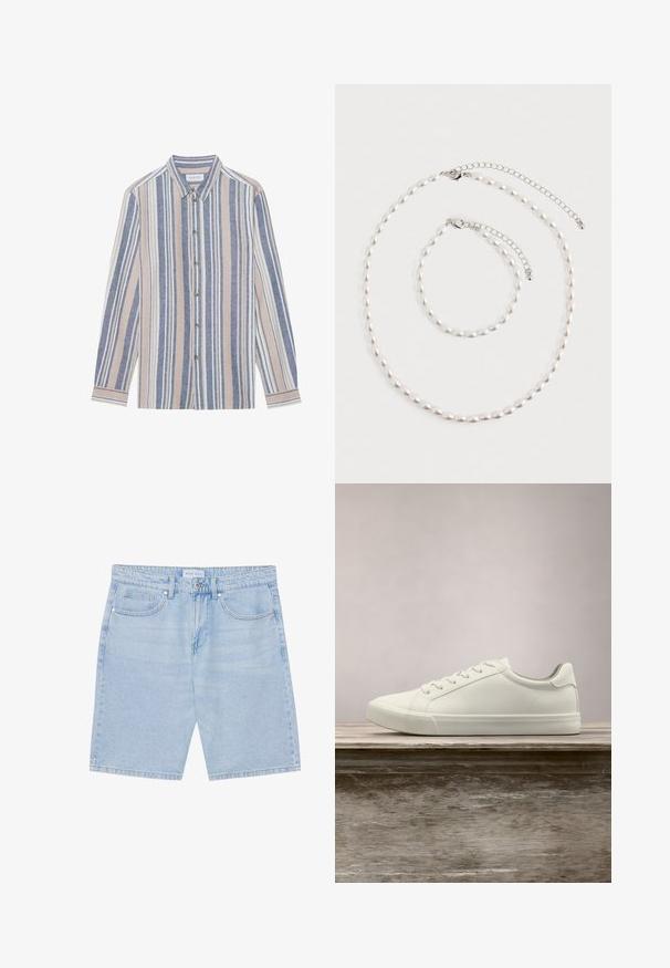 Skjorte med lange ærmer, der lukkes med knapper, og som har lodrette striber i blå, beige og hvid. Fremstillet af et tekstureret stof, med krave og metalknapper.; Lys blå denimshorts med lige snit, der har frontlommer, knaplukning og en slidt finish. Klassisk fem-lomme-design.; Hvide snørresneakers svævende over en træbænk med grønne planter i baggrunden, der fremhæver skodesign og tekstur.; Perle halskæde og matchende armbånd med sølv kæde låse arrangeret på en hvid baggrund.
