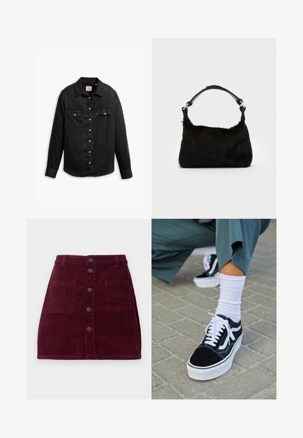 Zwarte denim blouse met lange mouwen, knoopsluiting, twee borstzakken en een klassieke kraag. Beschikt over een gestructureerd oppervlak en witte knopen.; Bordeaux corduroy rok met een hoge taille, vijf knopen aan de voorkant en twee zakken aan de voorkant; stoffen met textuur en verticale ribbels.; Zwarte suède sneaker met witte accenten en veters, uitgerust met een dikke witte zool en contrasterende stiksels, gecombineerd met een witte sok.; Zwarte neplederen handtas met een zachte textuur, ronde vorm en een stevige zwartleren schouderband. Zilveren hardwareaccenten zichtbaar.
