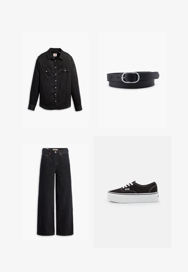 Sort denimskjorte med lange ærmer, knaplukning, to brystlommer og klassisk krave. Har en struktureret overflade og hvide knapper.; Sorte brede benjeans lavet af denim, med fem lommer, kobbernitter og en klassisk knaplukning. Glat tekstur med et rent design.; Sort lærred sneakers med en hvid gummi platform sål, der har hvide snørebånd og syninger, ikonisk branding på siden, lav-top design.; Sort læderbælte med en glat overflade, oval sølvmetalspænde og flere justeringshuller langs stroppen. Flad, minimalistisk design.