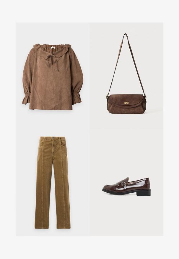 Brun ruskind langærmet bluse med elastiske, flæsebesatte halsudskæring og manchetter samt et bindebånd foran.; Brune kordfløjspants med lige ben design, der har forlommer og synlige sømme langs kanterne. Tekstileret stof med smalle ribber.; Skinnende mørkebrun læderloafer med dobbelte sølvspænder på sort lav hælsål mod en ensartet lys baggrund.; Brun ruskind skuldertaske med en lang, justerbar strop og en guldfarvet drejelås på frontklappen.