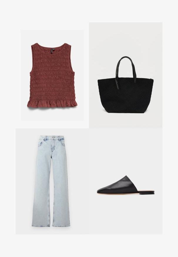 Top marrón sin mangas con fruncido horizontal texturizado y un pequeño volante en el dobladillo inferior.; Jeans de pierna ancha de color azul claro, hechos de mezclilla, con una cintura alta, trabillas para el cinturón, cinco bolsillos y áreas desteñidas para un aspecto vintage.; Mula de cuero negro sin cordones con punta puntiaguda y suela plana color camel sobre un fondo gris claro liso.; Bolso tote tejido negro con dos asas de cuero negro. La textura presenta un patrón de tejido de cesta, y la forma es espaciosa y abierta.