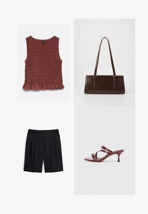 Ärmelloses braunes Top mit strukturierten horizontalen Raffungen und einem kleinen gerafften Saum am unteren Rand.; Schwarze Shorts aus leichtem Stoff, mit hoher Taille, vorderen Falten und seitlichen Taschen. Glatte Textur mit elastischem Bund.; Burgunderfarbene lacklederne Sandalen mit hohen Absätzen, quadratischer Zehenpartie, zwei schlanken Riemen und einer dekorativen goldenen Schnalle an der Seite.; Braune Lackleder-Handtasche in rechteckiger Form, mit zwei langen Griffen und subtilen, geschwungenen Akzenten auf der Vorderseite.