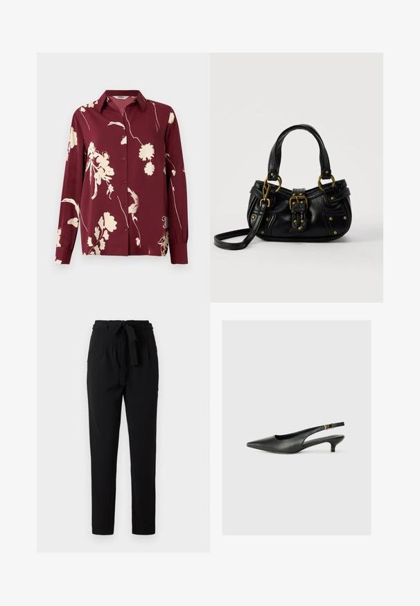 Chemise à manches longues bordeaux avec un motif floral crème, fermeture à boutons, col pointu et détails de poignets élastiques. Tissu lisse et léger.; Pantalons noirs en matériau doux et flexible, dotés d'une taille à nouer, de plis à l'avant et d'une conception de jambe fuselée.; Chaussure slingback noire à bout pointu en cuir lisse. Présente un talon fin et un détail de boucle sur la sangle réglable.; Sac à main en cuir noir avec boucle dorée et détails à rivets, poignées courtes et bandoulière réglable sur fond blanc uni.