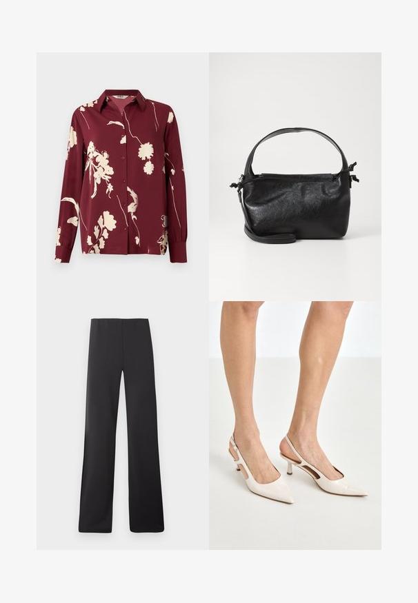 Chemise à manches longues bordeaux avec un motif floral crème, fermeture à boutons, col pointu et détails de poignets élastiques. Tissu lisse et léger.; Pantalons larges noirs en tissu lisse, dotés d'une taille haute et d'un design pleine longueur, sans motifs ni éléments apparents.; Escarpins à talon slingback en cuir verni beige avec un bout pointu et un talon de 5 cm, présentant des côtés découpés et une fine bride à la cheville.; Sac à main en cuir noir au design structuré, avec une poignée arrondie et une bandoulière amovible. Présente une texture lisse et un éclat subtil.