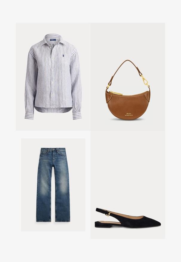 Langarmig overhemd met knopen, met blauw-witte verticale strepen en Polo Ralph Lauren-logo geborduurd op de borst.; Blauwe straight-leg jeans met vervaagde plekken op de dijen, vijfzakkenontwerp en knoopsluiting, plat liggend op een witte achtergrond.; Zwarte suède platte slingback met spitse neus, lage hak en verstelbare gouden gesp.; Bruine leren tas met een gebogen vorm en gouden hardware. Voorzien van een bovenrits en een gegraveerd logo op de voorkant. Inclusief een korte handgreep.