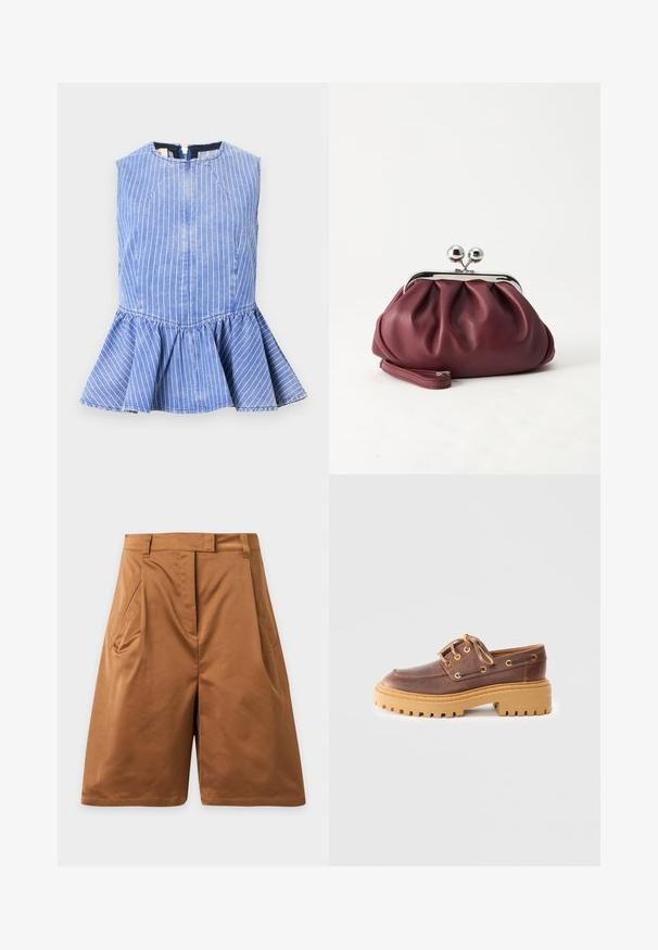 Haut en denim bleu sans manches avec des rayures verticales blanches et un ourlet évasé à basque, doté d'une fermeture éclair au dos.; Shorts marron longueur genou avec poches latérales et passants de ceinture, en tissu lisse, présentés sur un fond gris clair uni.; Chaussure en cuir marron avec un bout arrondi, un laçage, une semelle en caoutchouc et des œillets dorés. Surface texturée et semelle épaisse pour une meilleure adhérence.; Petit sac pochette en cuir bordeaux avec fermoir métallique argenté et bracelet sur fond blanc.