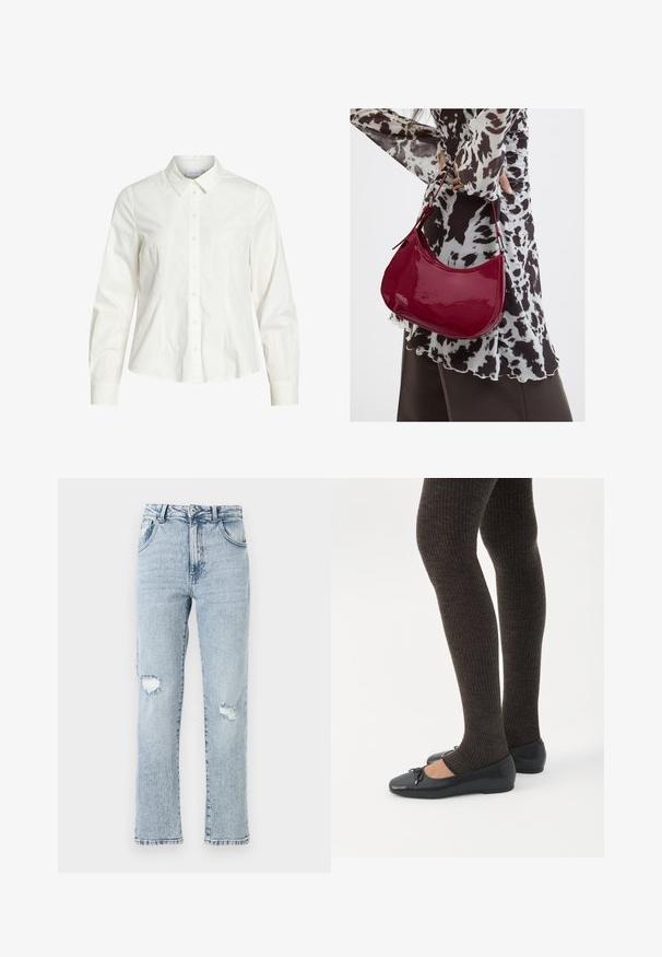 Hvid skjorte med knapper lavet af bomuld, med klassisk krave, lange ærmer og diskrete pintuck-detaljer fortil. Glat tekstur.; Lysblå denimjeans med en afslappet pasform, der har to knærevner, fem lommer og en frynset kant. Knap- og lynlåslukning.; Ben iført mørke ribbede leggings kombineret med sorte balletsko med små sløjfedetaljer på hvid baggrund.; Kvinde iført en sort- og hvidmønstret bluse, der holder en blank rød skuldertaske mod en ensfarvet baggrund.