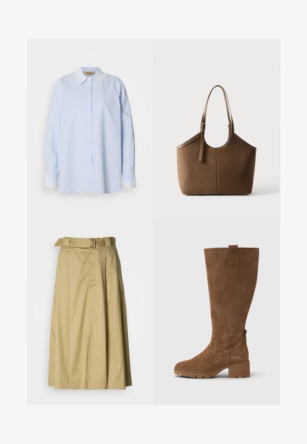 Blauw-wit gestreept shirt met een kanten kraag en manchetten, met een knoopsluiting aan de voorkant en lange mouwen. Zachte, gladde textuur.; Khaki midi-rok met een bretelband, geplooid ontwerp en twee zichtbare zijzakken, gemaakt van een gladde stof met een zachte textuur.; Tamaris Laarzen - brown; Bruine leren tote tas met verstelbare schouderriem en gouden gesp, gladde textuur, getoond tegen een effen witte achtergrond.
