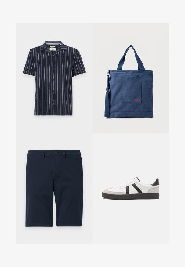 Camisa de manga corta de color navy con rayas verticales blancas, cuello con muesca y botones negros en el frente. Fabricada con un tejido ligero.; Pantalones cortos azul marino hechos de una mezcla de algodón, con cierre de botón, trabillas para cinturón y dobladillo recto con un detalle mínimo.; Zapatilla blanca con acentos en negro y gris, que presenta una puntera texturizada en gris, suela de goma negra y cordones planos blancos. Diseño limpio, estilo minimalista.; Bolso tote de lona azul con bolsillo frontal y bordado rojo "O.N.S", con asas dobles y una correa ajustable para el hombro.