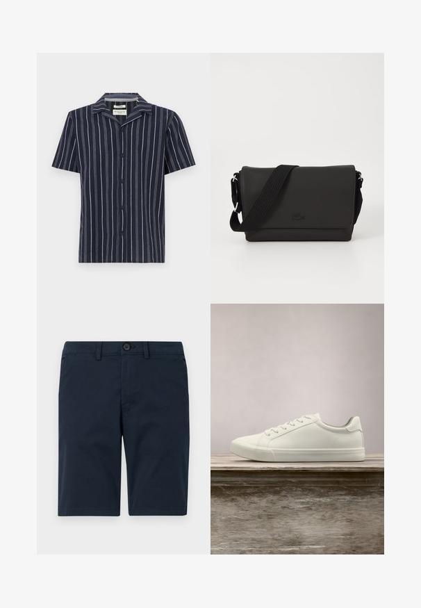 Marineblaues Kurzarmhemd mit vertikalen weißen Streifen, einem abgestuften Kragen und schwarzen Knöpfen auf der Vorderseite. Hergestellt aus leichtem Stoff.; Marineblaue Shorts aus Baumwollmischung, mit Knopfverschluss, Gürtelschlaufen und geradem Saum mit minimaler Gestaltung.; Weiße Schnürsneaker, die über einer Holzbank mit grünem Laub im Hintergrund schweben und das Schuhdesign sowie die Textur zeigen.; Lacoste MESSENGER BAG MEN CLASSIC - Umhängetasche - noir