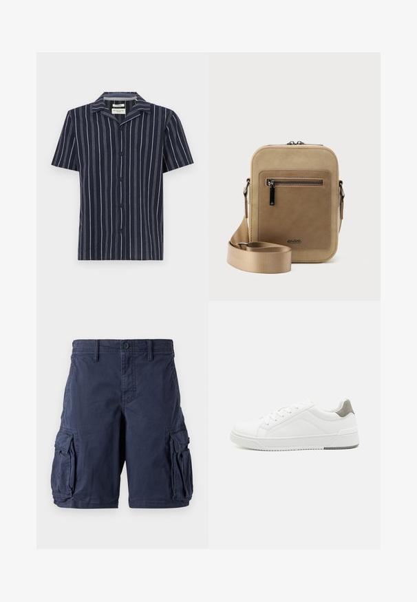 Marineblå kortærmet skjorte med lodrette hvide striber, en klippet krave og sorte knapper foran. Fremstillet af letvægtsstof.; Mørkeblå cargo shorts lavet af bomuld. Har flere sidelommer, knappelukning og en afslappet pasform. Glat tekstur og holdbart design.; Hvid sneaker lavet af glat læder, rund tå, minimalistisk design, grå hælafsats og tekstureret gummisål.; Lille beige crossbody-taske med lynlåslomme foran, metal ALDO-logo, justerbar bred rem og rundet rektangulær form på hvid baggrund.