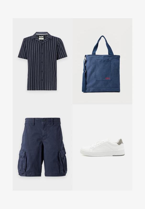 Chemise marine à manches courtes avec des rayures blanches verticales, un col en V et des boutons noirs à l'avant. Fabriquée en tissu léger.; Shorts cargo bleu marine en coton. Ils disposent de plusieurs poches latérales, d'une fermeture à bouton et d'une coupe décontractée. Texture lisse et design durable.; Basket blanche en cuir lisse, à bout arrondi, design minimaliste, accent de talon gris et semelle en caoutchouc texturé.; Sac fourre-tout en toile bleue avec poche frontale et broderie rouge "O.N.S", doté de doubles poignées et d'une bandoulière réglable.