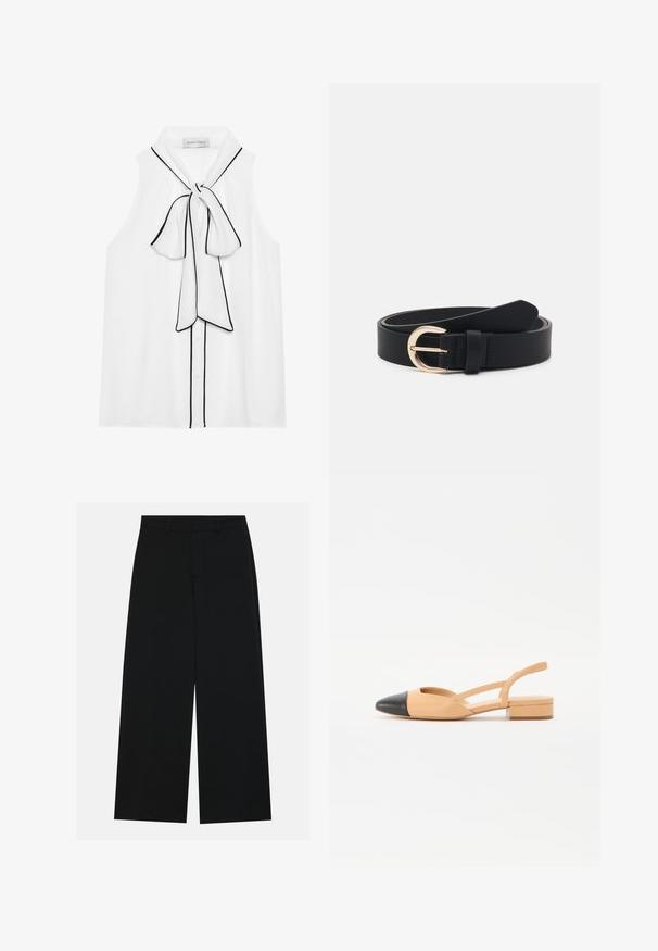 Blouse blanche sans manches avec un nœud au cou, ornée de passepoils noirs, de boutons et d'un tissu lisse et léger.; Pantalons noirs à jambe large en tissu lisse. Dotés d'une taille plate avec passants de ceinture et sans poches visibles. Design simple.; Chaussure slingback en cuir beige avec un bout pointu noir et un talon bloc plat. Dotée de brides croisées pour un maintien sûr et de côtés ouverts.; Ceinture en cuir noir avec une boucle en métal doré, texture plate et un seul support ; présente une finition lisse et un design minimaliste.