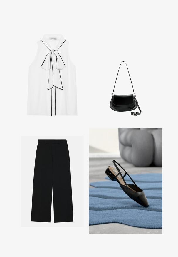 Blouse blanche sans manches avec un nœud au cou, ornée de passepoils noirs, de boutons et d'un tissu lisse et léger.; Pantalons noirs à jambe large en tissu lisse. Dotés d'une taille plate avec passants de ceinture et sans poches visibles. Design simple.; Chaussure à bride arrière en cuir verni noir avec un petit talon bloc reposant sur un tapis bleu texturé à motifs ondulés et un mobilier gris rembourré.; Sac à épaule en cuir noir avec fermeture à rabat, bandoulière longue amovible enroulée à la base, et ferrures en métal argenté sur fond blanc.