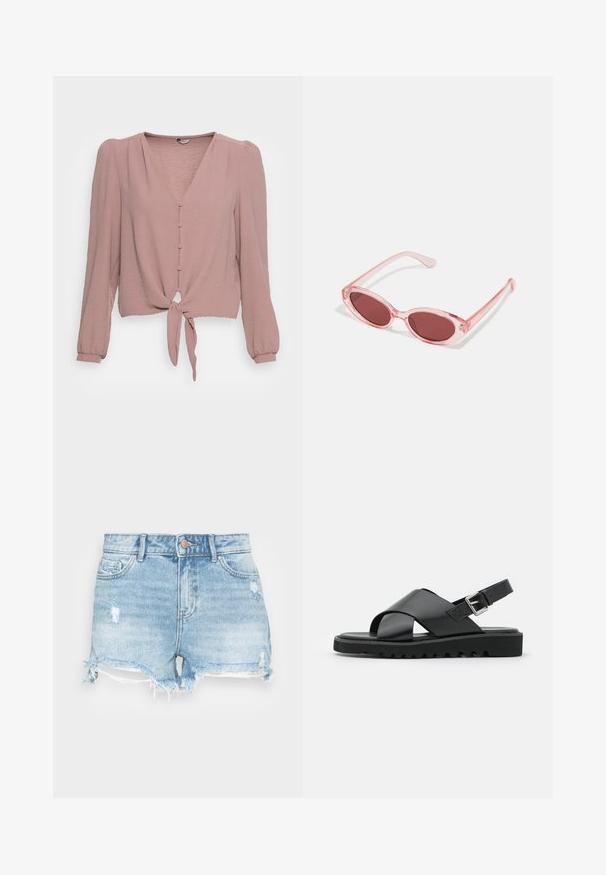 Blusa rosa claro con mangas largas, escote en V, botones en la parte frontal y detalle de lazo en la cintura. Tejido texturizado con un corte relajado.; Shorts de mezclilla en azul claro con un acabado desgastado, dobladillo deshilachado y diseño clásico de cinco bolsillos. Presenta un cierre de botón metálico.; Sandalias de cuero negras con diseño de tiras cruzadas, hebilla ajustable y suela texturizada con estrías para un mejor agarre.; Gafas de sol transparentes rosas con lentes ovalados, tinte rojo oscuro y varillas delgadas, con un acabado suave y detalles sutiles en la montura.