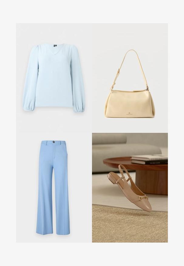 Blouse bleu clair à manches longues avec col en V et poignets froncés, présentée sur un fond neutre et à plat.; Pantalon large bleu clair en tissu lisse, équipé d'une fermeture à bouton et de poches avant. Design épuré et ajusté sans motifs.; Chaussure plate beige en cuir à bride arrière avec détail de boucle dorée, positionnée en plein air au-dessus d'un tapis tissé, d'une table basse en bois et de livres empilés en arrière-plan.; Sac bandoulière rectangulaire beige avec sangle réglable et fermeture éclair, comportant un petit logo "Anna Field" au centre avant.