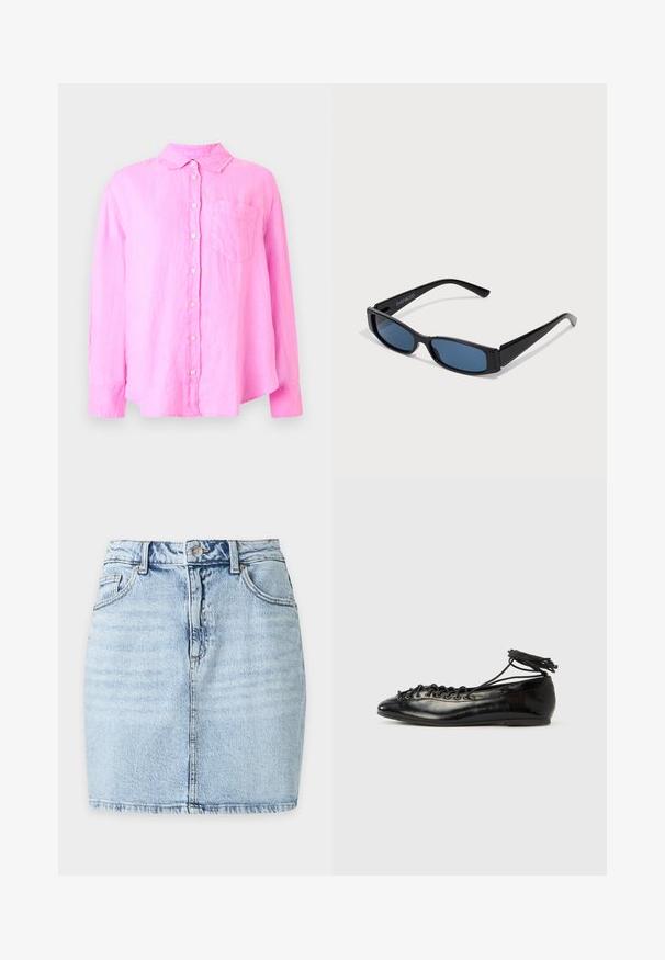 Roze blouse met lange mouwen, knoopsluiting, kraag en borstzak, getoond tegen een effen lichte achtergrond.; Lichtblauwe denim minirok met knoop aan de voorkant, riemlussen, twee steekzakken voor en een zichtbare verticale naad in het midden.; Zwarte ballerina's van lakleer met een afgeronde neus, veterdesign en een platte zool. Glad oppervlak met minimale details.; Zwarte zonnebril met een slank rechthoekig frame en blauwe lenzen. Heeft een gladde textuur en stevige pootjes. Merklogo aan de zijkant.