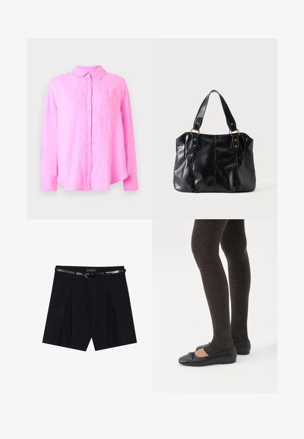 Roze blouse met lange mouwen, knoopsluiting, kraag en borstzak, getoond tegen een effen lichte achtergrond.; Zwarte op maat gemaakte shorts met plooien, voorzien van een slanke zwarte riem met een gouden gesp. Gemaakt van een soepele stof, die een verfijnde uitstraling biedt.; Benen met donkere geribbelde leggings gecombineerd met zwarte ballerina's met kleine strikdetails op een witte achtergrond.; Zwarte leren schoudertas met dubbele bandjes bevestigd met gouden ringen en klinknagels, glad en licht glanzend oppervlak, eenvoudig ontwerp.