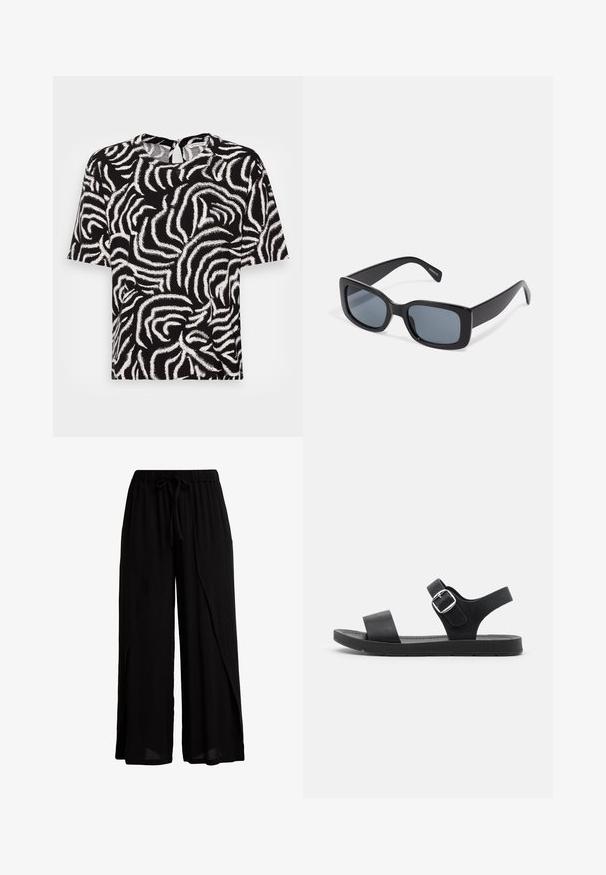 TOM TAILOR EASY SHAPE - Bluse - black; Sorte bredbenede bukser lavet af letvægtsstof, med elastisk talje og snøre, i en afslappet pasform og draperet design.; Sorte sandaler med flad sål, justerbar spænde, to brede stropper og glat overflade, designet til komfort og nem brug.; Sorte rektangulære solbriller med mørkt tonede linser, tyk plastramme og brede stænger. Glat overflade og kantet design.