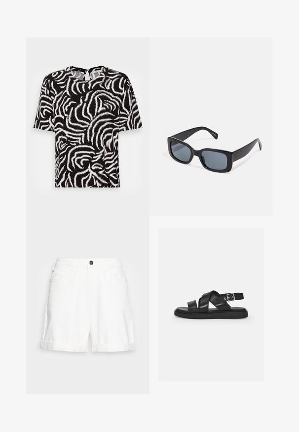 TOM TAILOR EASY SHAPE - Blusa - black; Shorts de mezclilla blanca con dobladillo doblado, diseño de cinco bolsillos y un botón negro en la cintura. Textura suave y corte casual.; Sandalias de cuero negro con tiras cruzadas, hebilla ajustable en el tobillo, suela plana y diseño minimalista. Textura suave con acabado mate.; Gafas de sol rectangulares negras con lentes oscuros, montura de plástico grueso y patillas anchas. Superficie lisa y diseño anguloso.
