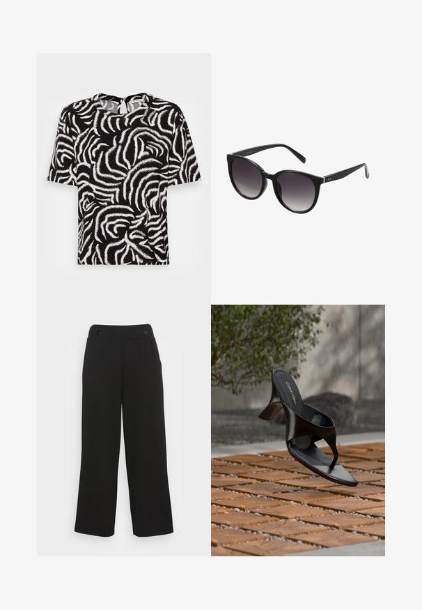 TOM TAILOR EASY SHAPE - Μπλούζα - black; Μαύρο, φαρδύ παντελόνι από απαλό ύφασμα. Διαθέτει επίπεδη μέση με δύο μαύρα κουμπιά. Χωρίς ορατές τσέπες ή σχέδια.; Μαύρο γυναικείο σανδάλι Calvin Klein με τακούνι και λουράκι δακτύλου που αιωρείται πάνω από πλακόστρωτη εξωτερική επιφάνεια με φυτά και τοίχο από σκυρόδεμα στο φόντο.; Μαυροσκούφες ηλιόφωτων με γκριζαριστά γυαλιά, πλαστικό σκελετό, λεία υφή και ασημένιες λεπτομέρειες στα χέρια.