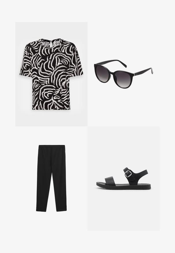 TOM TAILOR EASY SHAPE - Bluse - black; Schwarze, dehnbare Sporthosen mit glatter Textur, elastischem Bund und geradem Schnitt, geeignet für Sportbekleidung oder lässige Nutzung.; Schwarze Sandalen mit flacher Sohle, verstellbarer Schnalle, zwei breiten Riemen und glatter Textur, die für Komfort und einfaches Tragen ausgelegt sind.; Schwarze Cat-Eye-Sonnenbrille mit Verlaufsgläsern, Kunststoffrahmen, glatter Oberfläche und silberner Akzentverzierung an den Bügeln.