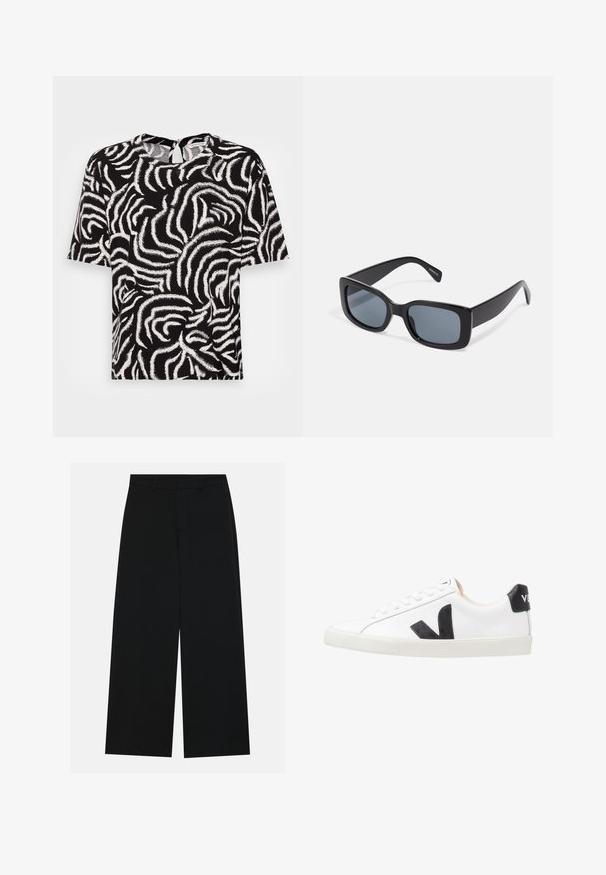 TOM TAILOR EASY SHAPE - Blusa - black; Pantalones negros de pierna ancha hechos de una tela suave. Presentan una cintura plana con pasadores de cinturón y sin bolsillos visibles. Diseño sencillo.; Zapatilla blanca con un logo en V negro, con una parte superior de cuero liso, puntera redonda, cierre de cordones y una lengüeta en el talón de color negro en contraste.; Gafas de sol rectangulares negras con lentes oscuros, montura de plástico grueso y patillas anchas. Superficie lisa y diseño anguloso.