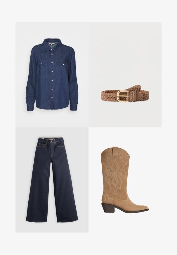 ONLY ONLLINETTE SHIRT - Bluse - dark blue denim; Helle-bein Jeans aus Denim in Dunkelblau mit Kontrastnähten. Mit traditionellem Fünf-Taschen-Design und einem Knopfverschluss an der Taille.; Tanfarbene Wildleder-Cowboystiefel mit bestickter dekorativer Naht, mittelhohem gestapeltem Absatz und Zugschlaufe am Schaft.; Brauner geflochtener Veloursledergürtel mit goldener Metallschnalle, flach auf einem einfarbigen weißen Hintergrund liegend.