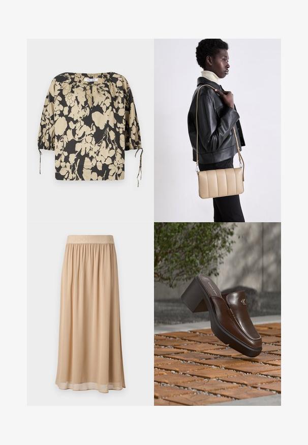 Zwart-beige bloes met bloemenprint, losse pasvorm, ronde halslijn en pofmouwen. Voorzien van strikjes bij de halslijn en elastische manchetten.; Beige midi-rok met een brede elastische tailleband waarop de merknaam staat. Zacht, vloeiend materiaal met een gladde textuur en een eenvoudig ontwerp.; Bruine leren Calvin Klein mule met hak die boven houten tegelvloer zweeft met een vervaagde groene plant en muur op de achtergrond.; Beige leren crossbody tas met een gequilt ontwerp, rechthoekige vorm, dunne schouderband en zilverkleurige hardware, gedragen door een persoon in een zwarte jas.