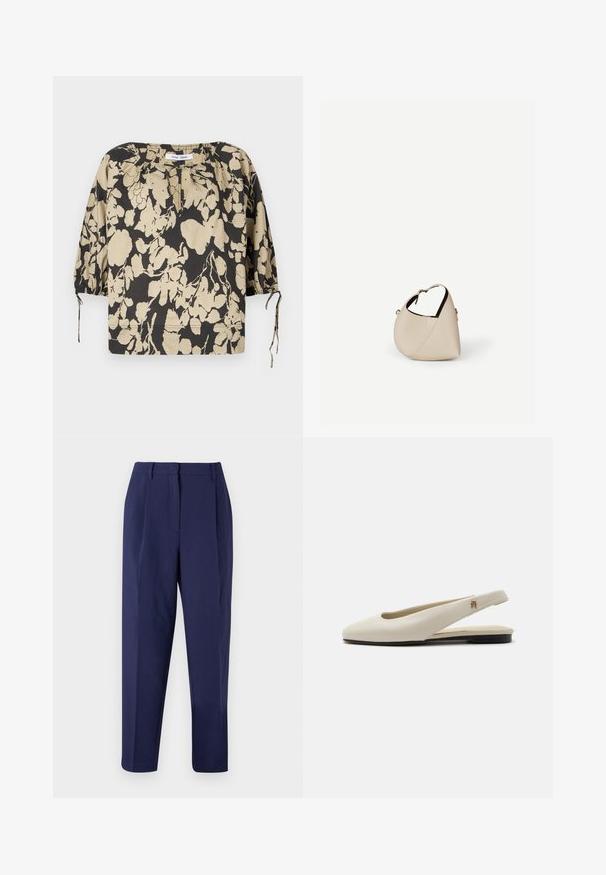 Zwart-beige bloes met bloemenprint, losse pasvorm, ronde halslijn en pofmouwen. Voorzien van strikjes bij de halslijn en elastische manchetten.; Marineblauwe broek met een op maat gemaakte snit. Kenmerkt zich door voorplooien, een gladde textuur en een rechte pijp. Geen zichtbare zakken of versieringen.; Crèmekleurige leren slingback platte schoen met ronde neus en klein gouden embleem op het bandje.; Beige leren handtas in halvemaanvorm met een enkele schouderband en minimale stiksels, afgebeeld tegen een effen witte achtergrond.