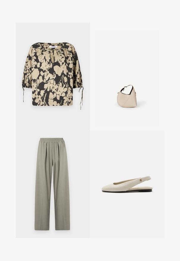 Blouse à fleurs noire et beige avec une coupe décontractée, un col rond et des manches bouffantes. Dotée de liens au niveau du col et de poignets élastiques.; Pantalons large taille haute, gris clair, avec une ceinture élastique et des plis sur le devant.; Chaussure plate slingback en cuir couleur crème avec un bout arrondi et un petit emblème doré sur la bride.; Sac à main en cuir beige en forme de croissant avec une seule bandoulière et des coutures minimalistes, posé sur un fond blanc uni.