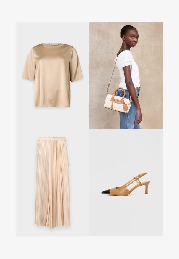 Blouse en satin beige à manches courtes, encolure ronde, texture lisse et coupe ample, présentée sur un fond uni.; Jupe midi plissée bicolore beige avec ceinture élastique, combinant des plis fins et larges pour un look fluide et texturé.; Escarpins slingback couleur fauve avec embout pointu noir, côtés découpés et talon bloc de hauteur moyenne. Matière en cuir lisse.; Femme portant un haut blanc épaules dénudées et un jean bleu, tenant un sac à main beige et marron avec une bandoulière sur un fond uni.