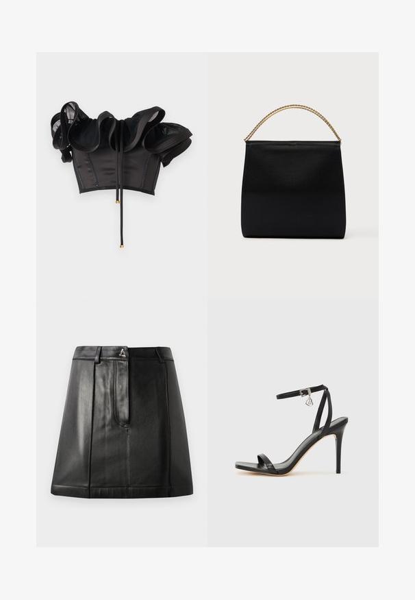 Haut court noir à épaules dénudées avec manches en maille bouffantes et liens à l'avant ornés d'embouts métalliques dorés, présenté sur un fond clair uni.; Jupe en cuir noir avec une forme structurée, dotée d'une poche avant et d'un accent métallique à la taille. Texture lisse et détails de couture.; Sandale à talon haut noire avec une bride étroite à la cheville, bout carré, cuir lisse et accent de boucle métallique.; Sac noir en tissu lisse, présentant une forme structurée, une poignée en chaîne dorée et un design géométrique minimaliste.