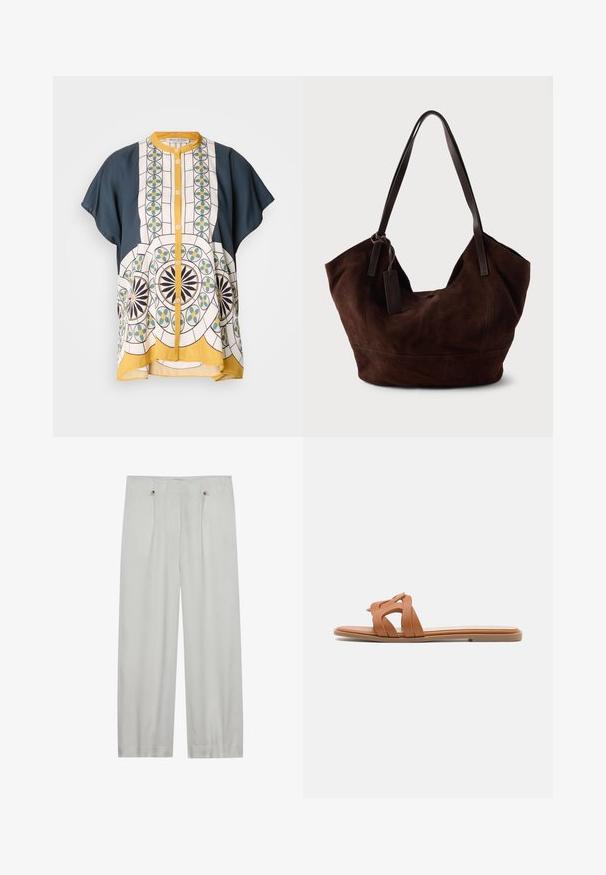 Chemise à manches courtes avec un tissu bleu marine et blanc à motifs, présentant des designs géométriques en vert, jaune et noir.; Pantalons taille haute en gris clair, à jambes larges, fabriqués en tissu doux. Comprend deux plis avant, deux boutons de fermeture et une texture lisse.; Sandale à glissière en cuir tan avec des lanières croisées, semelle plate et design minimaliste. Texture lisse sans motifs ni éléments matériels visibles.; Handbag en cuir suédé marron avec une forme douce et souple. Doté de poignées en cuir et d'une étiquette décorative. Texture plain avec des coutures courbes.