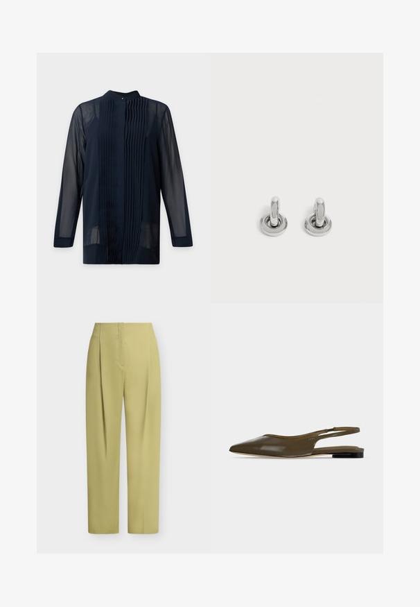 Blouse transparente bleu marine foncé à manches longues avec des plis verticaux devant et un petit col montant avec un seul bouton.; Pantalon taille haute à jambe droite, vert olive clair, avec plis sur le devant et fermeture avant dissimulée sur fond blanc.; Chaussure plate à bout pointu vert olive avec bride arrière, talon noir bas et finition lisse et brillante.; Paire de petites boucles d'oreilles créoles argentées brillantes avec une base ronde, présentées sur un fond clair uni.