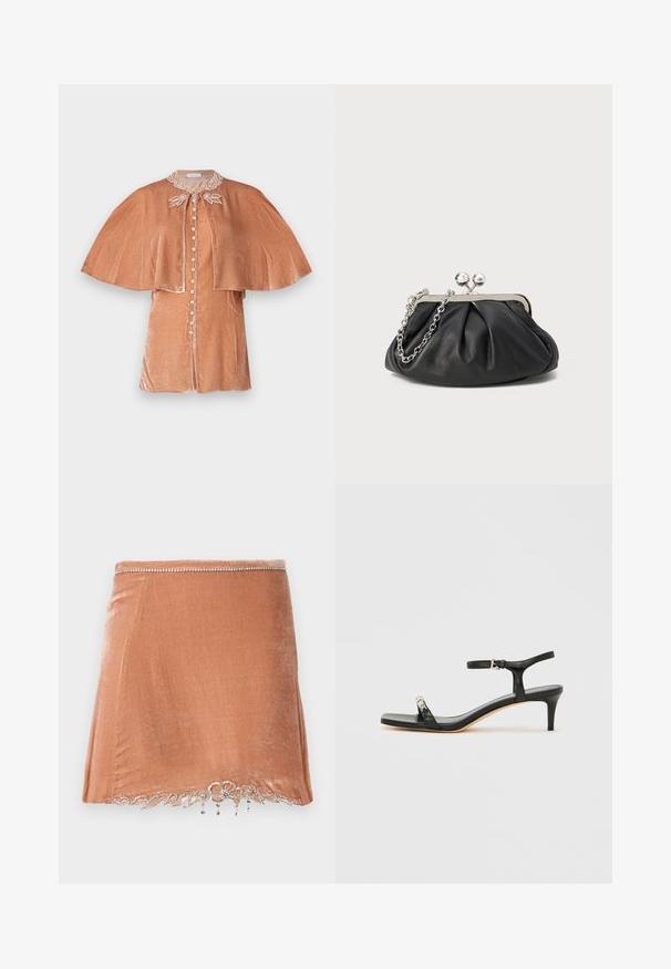 Rabanne Blouse - pink; Rabanne Minirok - pink; Zwarte leren sandaal met hak, enkelbandje, open neus, vierkante voorkant en zilverkleurige accenten. Gesloten ontwerp met een slank profiel.; Zwarte leren clutch met geplooide textuur, zilverkleurig metalen frame, drukknopsluiting en kettingriem. Glad, zacht oppervlak.