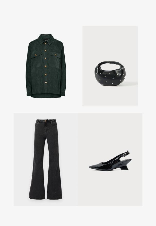 Donkergroene corduroy blouse met lange mouwen, kraag, bruine knopen aan de voorkant en twee borstzakken met knoopsluitingen.; Zwarte flared jeans van denim, met een hoge taille, voorzakken en zichtbare naden. Gladde textuur met een lichte glans.; Zwarte lakleren slingback schoen met spitse neus en lage schuine blokhak op een effen lichte achtergrond.; Zwarte leren handtas met een afgeronde vorm, versierd met zilveren studs, en een korte handgreep. Gladde textuur en ritsluiting.