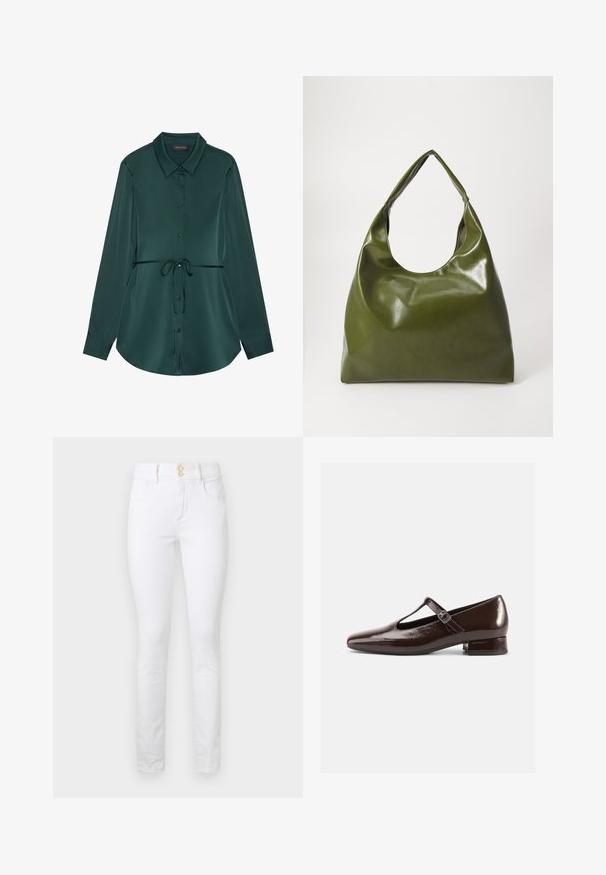 Langærmet skjorte i mørkegrøn satin med krave, knaplukning, justerbar talje og buet kant for en afslappet pasform.; Hvide denim skinny jeans med høj talje, to forlommer og guldbeslag på knapperne. Glat tekstur med et klassisk design med fem lommer.; Brune Mary Jane-sko i laklæder med en rundet tå, udskæringsdesign og justerbar rem. Lav blokhæl.; Grøn læder hobo taske med en slouchy design, buet håndtag og glat tekstur. Indeholder ingen synlig hardware eller accenter.
