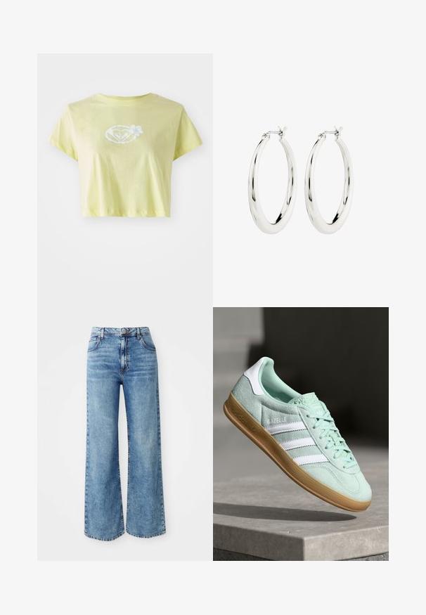 Lysegul, kortærmet T-shirt lavet af bomuld. Har et hvidt blomstermotiv i midten af en hjerteform på forsiden.; Lysblå denim bredbente jeans med høj talje, der har fem lommer, knaplukning øverst og kontrastsyninger langs sømmene.; Adidas Gazelle sneakers i mintgrønt ruskind med hvide accenter, snørebåndslukning og en sål i gummigummi. Har tre hvide striber.; Sølvøreringe i form af hoops med en glat, blank finish. Cirkulær form, der har en sikker lås. Simpelt og elegant design.