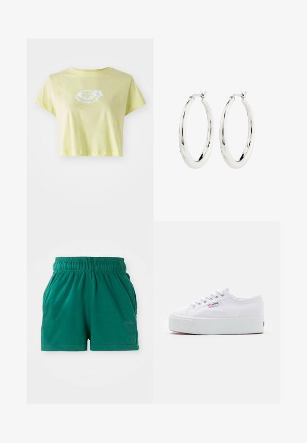 lichtgele cropped T-shirt van katoen. Beschikt over een witte bloemenafbeelding in het midden van een hartvorm aan de voorkant.; Groene casual shorts met elastische taille en zijzakken, met een subtiele logo op het rechterbeen.; Witte canvas sneaker met een dikke witte platformzool, ronde neus en metalen oogjes voor veters. Merkl logo aan de zijkant weergegeven.; Zilveren oorbellen in de vorm van een gladde, glanzende ring. Circulaire vorm, voorzien van een veilige sluiting. Eenvoudig en elegant ontwerp.