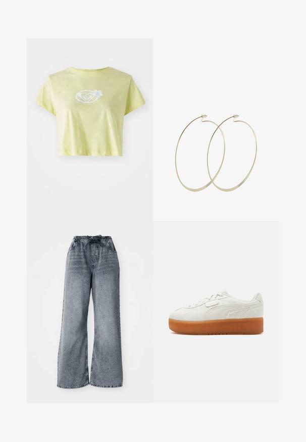 lichtgele cropped T-shirt van katoen. Beschikt over een witte bloemenafbeelding in het midden van een hartvorm aan de voorkant.; Grijze wijde denim broek met een elastische tailleband, trekkoordsluiting en zijzakken. Vervaagde textuur over de stof.; Witte lage sneaker met dikke bruine rubberen zool, gestikte zijkantdetails en vetersluiting met een klein klittenbandje.; Pilgrim Oorbellen - gold-coloured