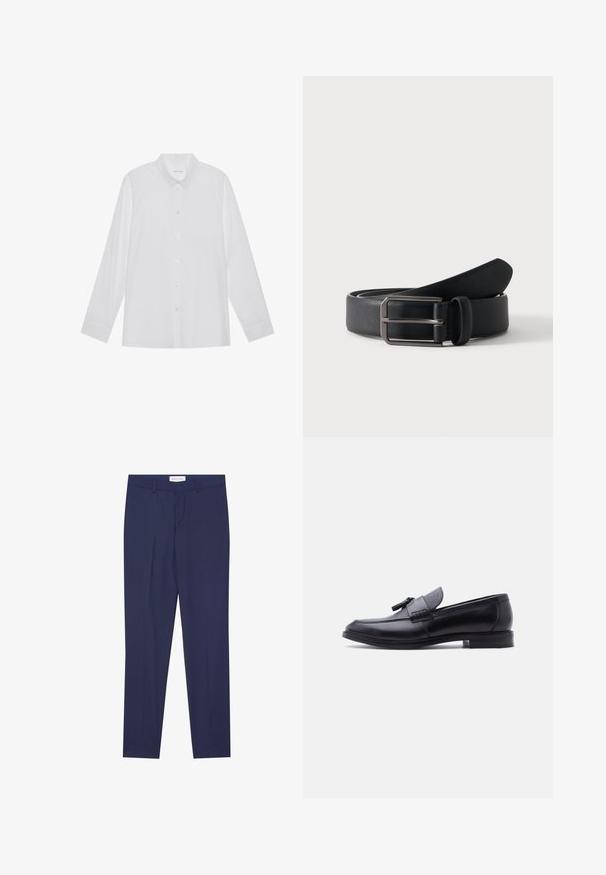 Chemise blanche à manches longues en tissu lisse, dotée d'un col pointu, d'une fermeture à boutons sur le devant et de poignets à un bouton.; Pantalons de costume navy en tissu lisse, dotés d'un devant plat, de deux poches latérales, d'une fermeture éclair et d'un ourlet net sans motifs ni accents.; Mocassin en cuir noir avec panneau en tissu gris texturé et détail à pampilles, talon bas et bout arrondi, vu de côté sur fond blanc.; Ceinture en cuir noir roulée avec une boucle métallique argentée rectangulaire sur un fond clair uni.