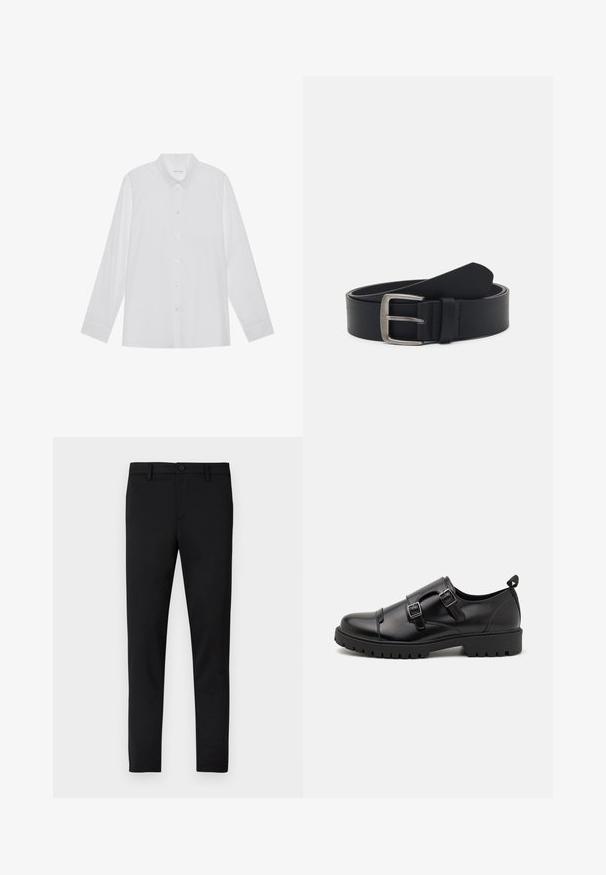 Chemise blanche à manches longues en tissu lisse, dotée d'un col pointu, d'une fermeture à boutons sur le devant et de poignets à un bouton.; Pantalon noir ajusté avec une texture lisse, fermeture par bouton, passants pour ceinture, sans motifs ni accents visibles.; Pier One by Zalando Mocassins de ville - black; Ceinture en cuir noir avec une boucle en métal argenté, présentant une finition lisse et un design classique. La ceinture est enroulée avec l'extrémité pointée.