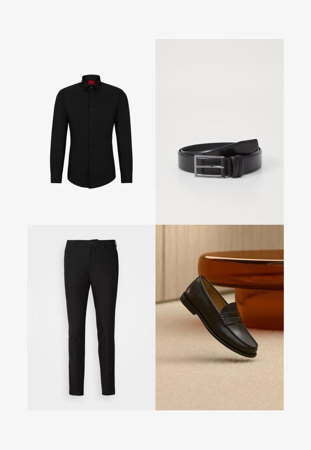 Sort langærmet skjorte med knaplukning foran, klassisk krave og rundet kant; har sorte knapper og et rødt logo indeni kraven.; Sorte bukser med slim fit, der har en knaplukning, lynlås og to forlommer. Glat stof med mat overflade.; Sort læder loafer-sko hængende over beige tæppe med ravfarvet moderne møblement i baggrunden.; Sort læderbælte med en glat overflade, der har en sølv rektangulær spænde og dobbelt prong detalje. Klassisk og alsidig design.