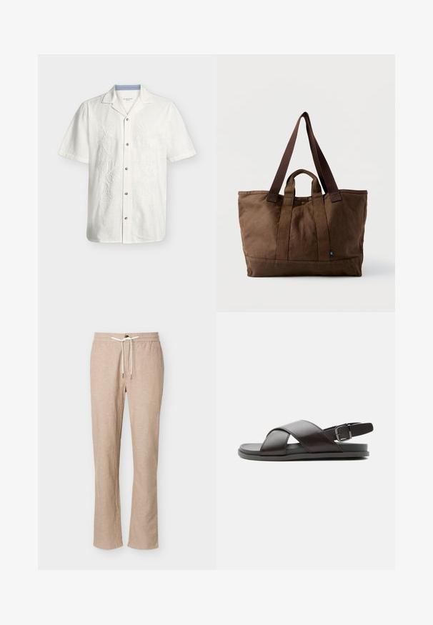 Chemise en lin blanc à manches courtes avec une broderie florale subtile, fermeture boutonnée à l'avant et col ouvert.; Pantalon décontracté beige en mélange de lin avec taille élastique et cordon blanc, coupe droite, sans poches visibles, présenté sur fond blanc.; Sandale en cuir marron foncé homme avec brides croisées et bride de talon réglable avec boucle sur semelle plate, vue de profil.; Grand sac fourre-tout en toile marron avec doubles poignées courtes et longues, fermeture à bouton-pression, et une petite étiquette en tissu bleu en bas.