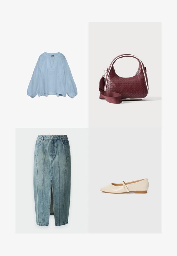 Lyseblå bluse med lange ballonærmer, rund halsudskæring med frontslids og subtile broderede blomsterudskæringsmønstre.; Copenhagen Muse JEANNE SKIRT - Denimnederdele - medium dirty washed denim; Beige patentlæder balletflade med firkantet tå, lille hæl og justerbar ankelrem med guldspænde accent.; Mørkerød vævet lædertaske med buet hank, hvid kant, sølv lynlås og aftagelig bred stofskulderrem mod en ensfarvet baggrund.