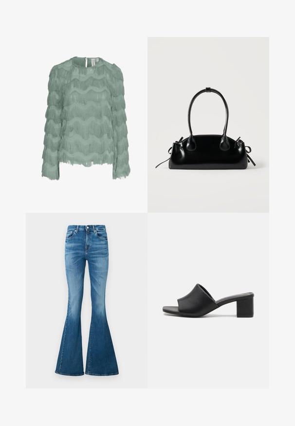 Blusa de manga larga verde menta con diseño de flecos horizontales en capas, tela texturizada, escote redondo y cierre con botones en la parte posterior.; Jeans acampanados hechos de denim de peso medio, con una cintura alta, color azul claro, un ligero desvanecimiento y un diseño clásico de cinco bolsillos.; Mulas de tacón cuadrado de cuero negro con punta abierta, que presentan una superficie lisa y una parte superior ligeramente curvada para mayor comodidad y estilo.; Pequeño bolso negro brillante con dos asas largas y detalles de cordón lateral sobre un fondo claro liso.