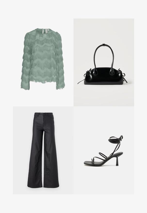 Blusa de manga larga verde menta con diseño de flecos horizontales en capas, tela texturizada, escote redondo y cierre con botones en la parte posterior.; Pantalones de pierna ancha en material de cuero sintético. Presentan una cintura alta, trabillas para cinturón, dos bolsillos delanteros y detalles de costura.; Sandalia negra de tiras con punta cuadrada, lazos ajustables en el tobillo y un tacón bloque delgado. Fabricada con un material suave y duradero.; Pequeño bolso negro brillante con dos asas largas y detalles de cordón lateral sobre un fondo claro liso.