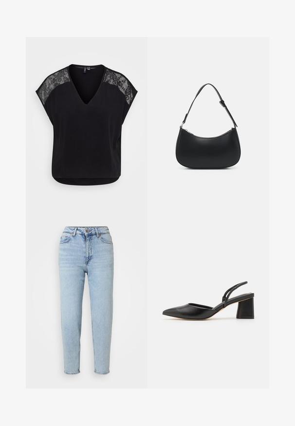 Sort top med V-udskæring, korte ærmer og gennemsigtige blonder detaljer på skuldrene. Blødt stof med løs pasform og buet kant.; Lysblå denimjeans med høj talje, lige ben-design, enkelt knaplukning og subtile slidser foran.; Sort lædersko med slingback, spids tå, lav blokhæl og minimalistisk design med tynde remme og glat tekstur.; Pieces PCALUANA SHOULDER BAG - Håndtasker - black
